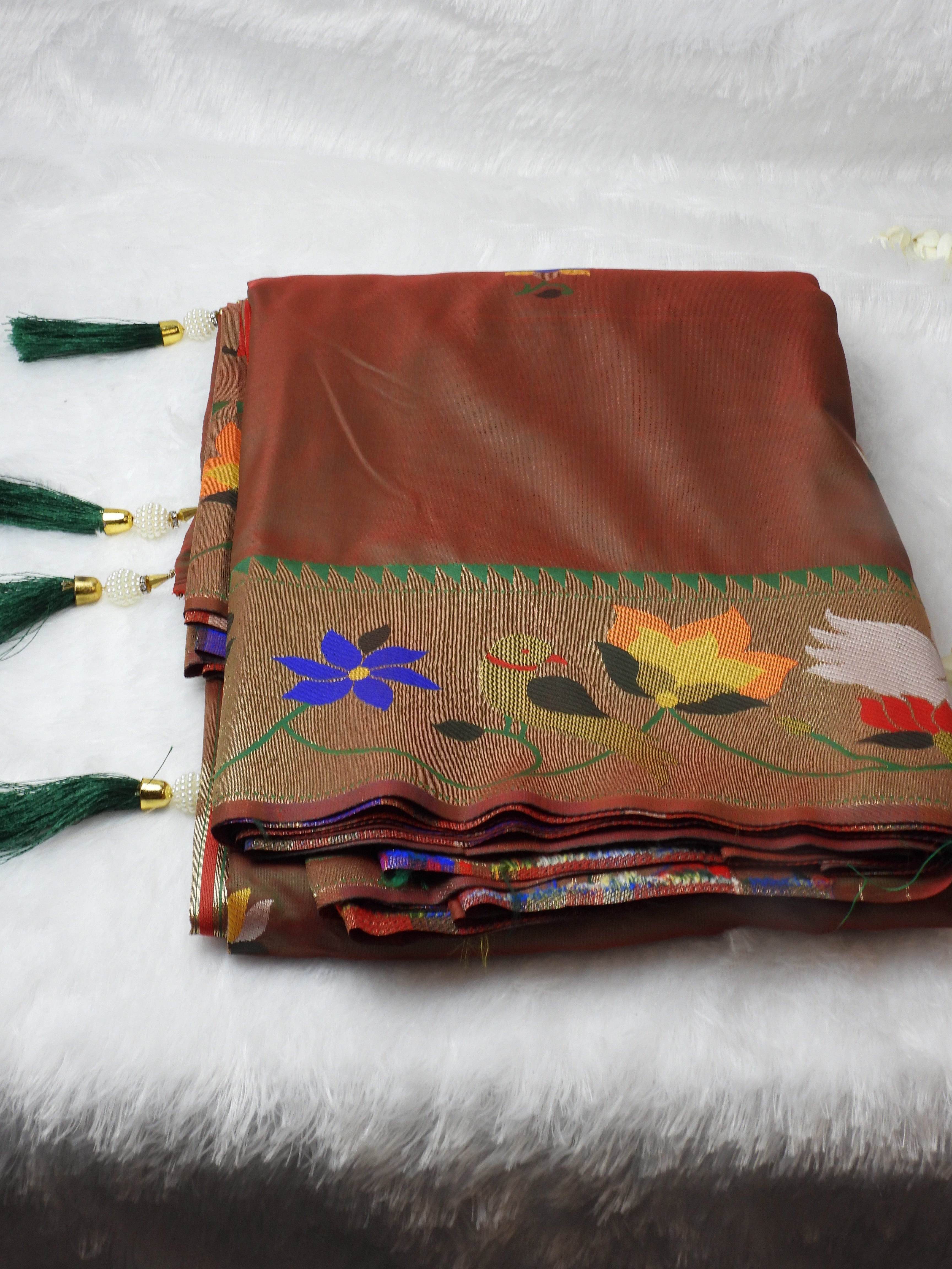Mehndi Green Pathani Saree with Dup Chhao Effect & Bird-Floral Border