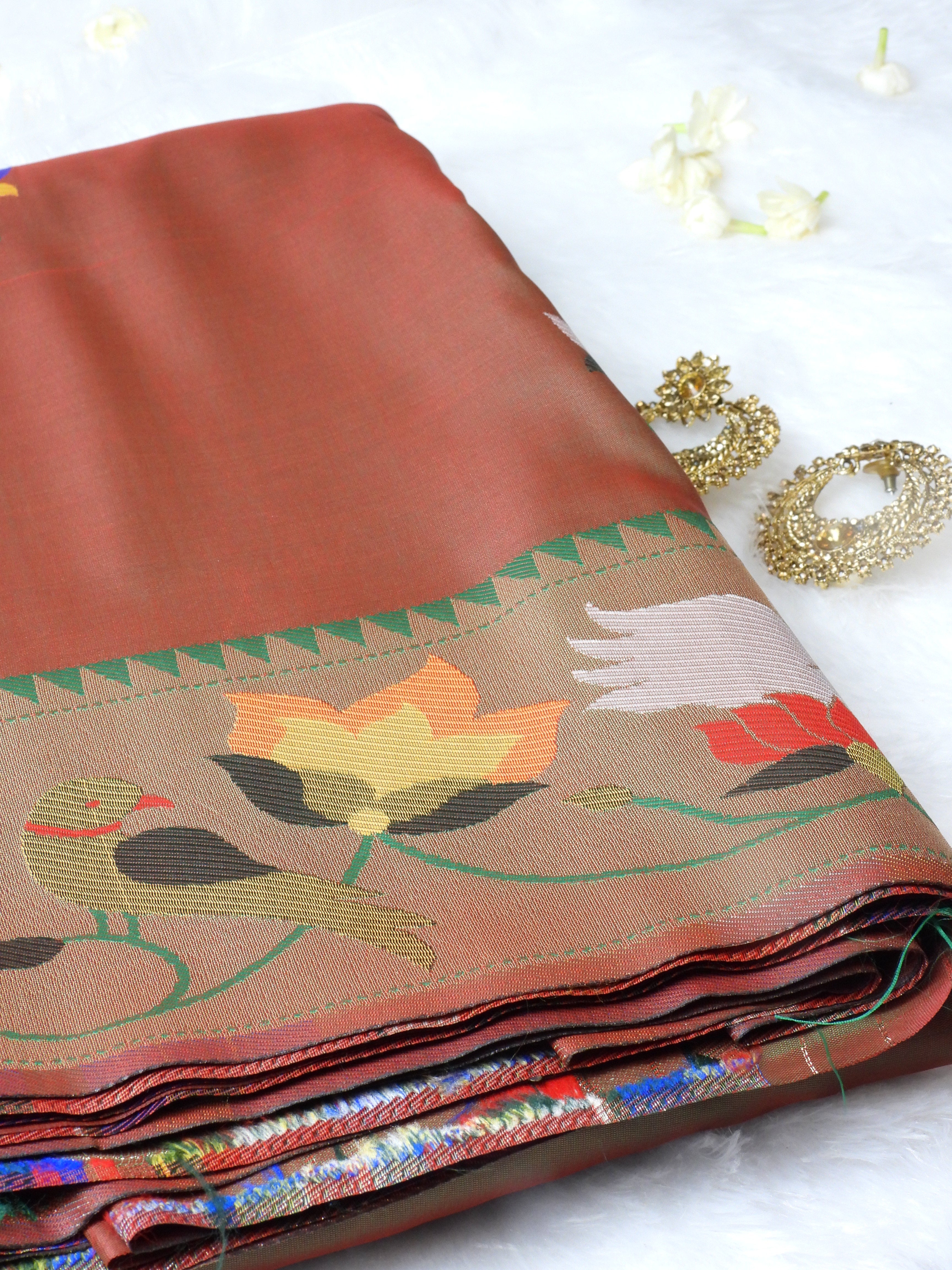 Mehndi Green Pathani Saree with Dup Chhao Effect & Bird-Floral Border