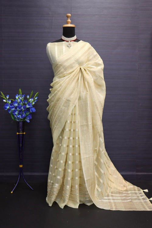 Elegant Tussar Silk Saree with Golden Zari Stripes & Floral Weave