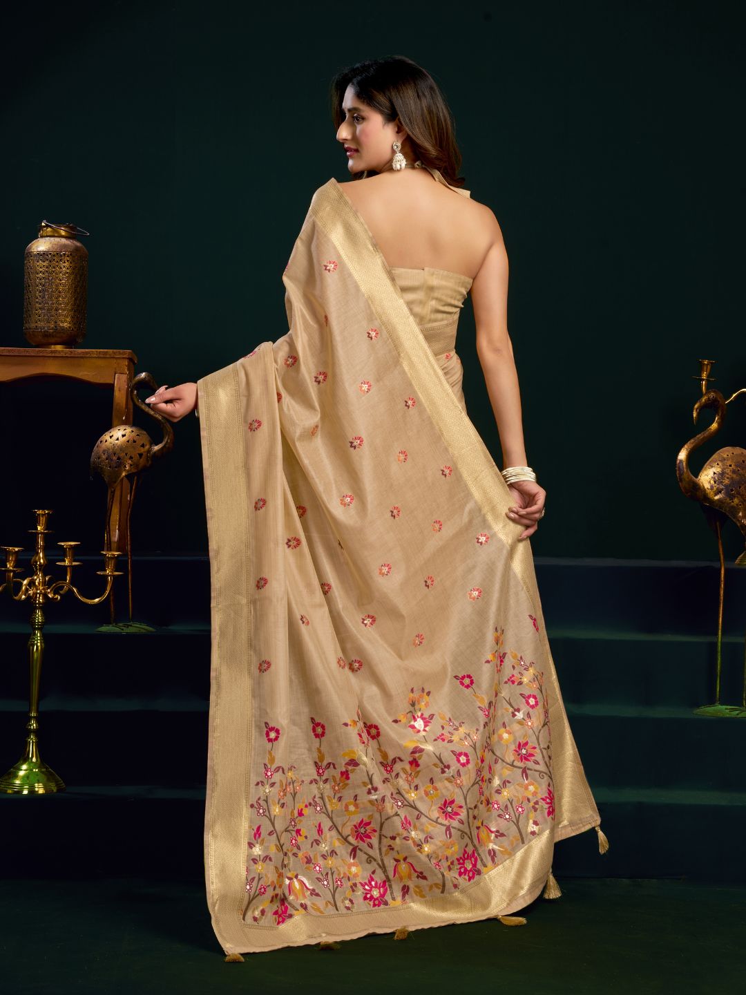 muga cotton saree with meenakari weaving zari border work