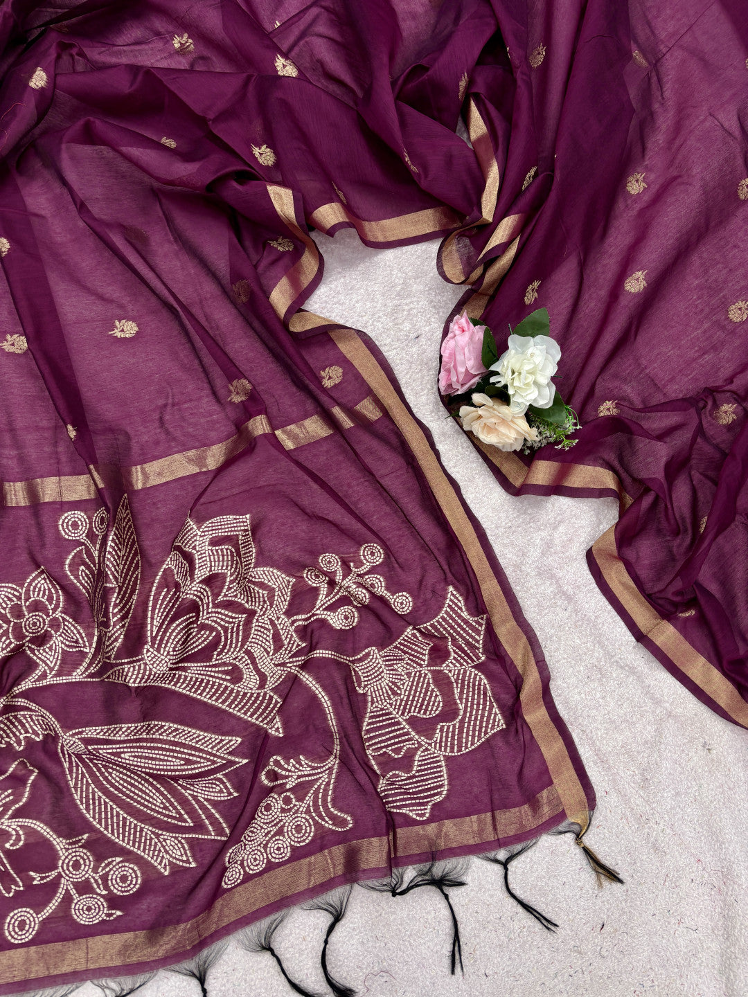 Pure muga cotton saree with floral thread weaving work