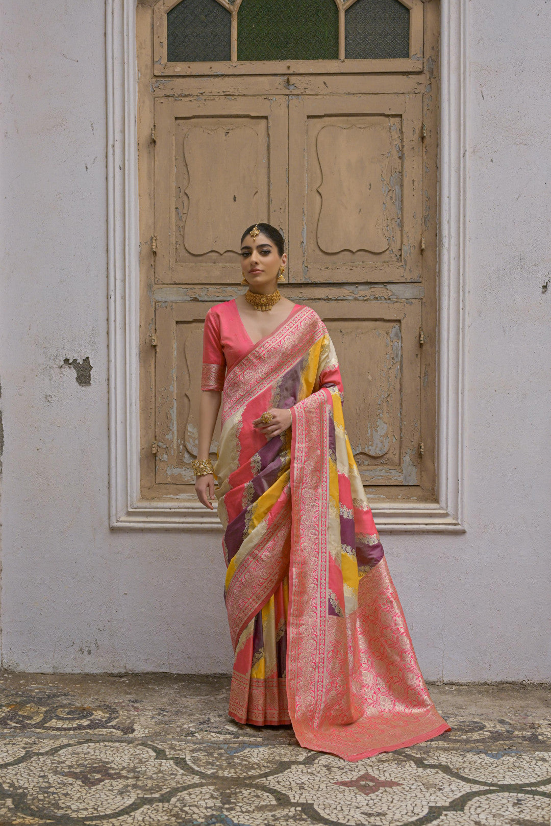 Multi traditional banarasi silk handloom saree with zari weaving work