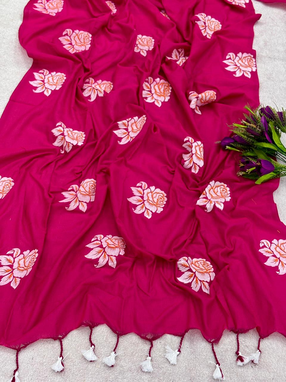 Khadi cotton saree with hand painted flower work