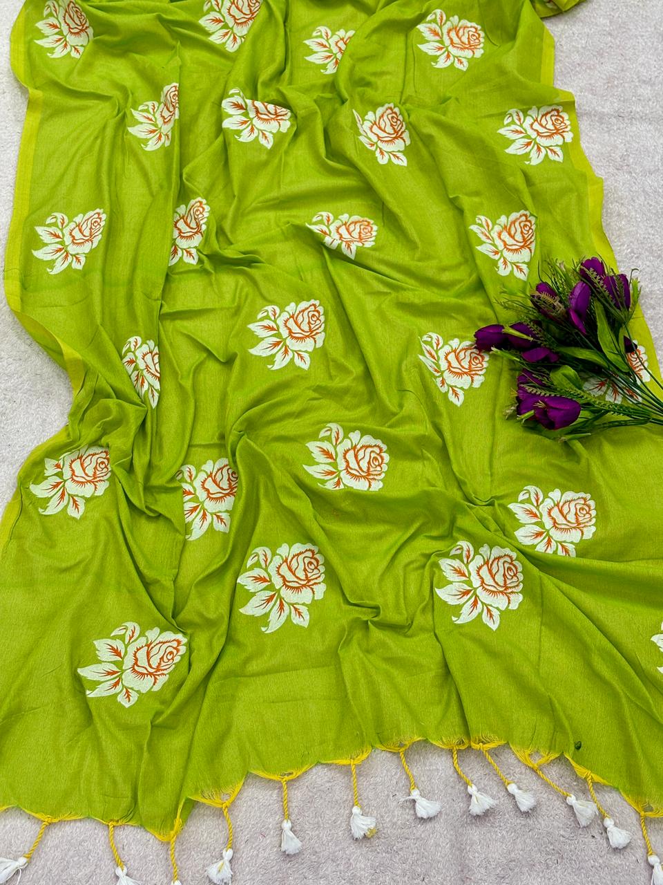 Khadi cotton saree with hand painted flower work