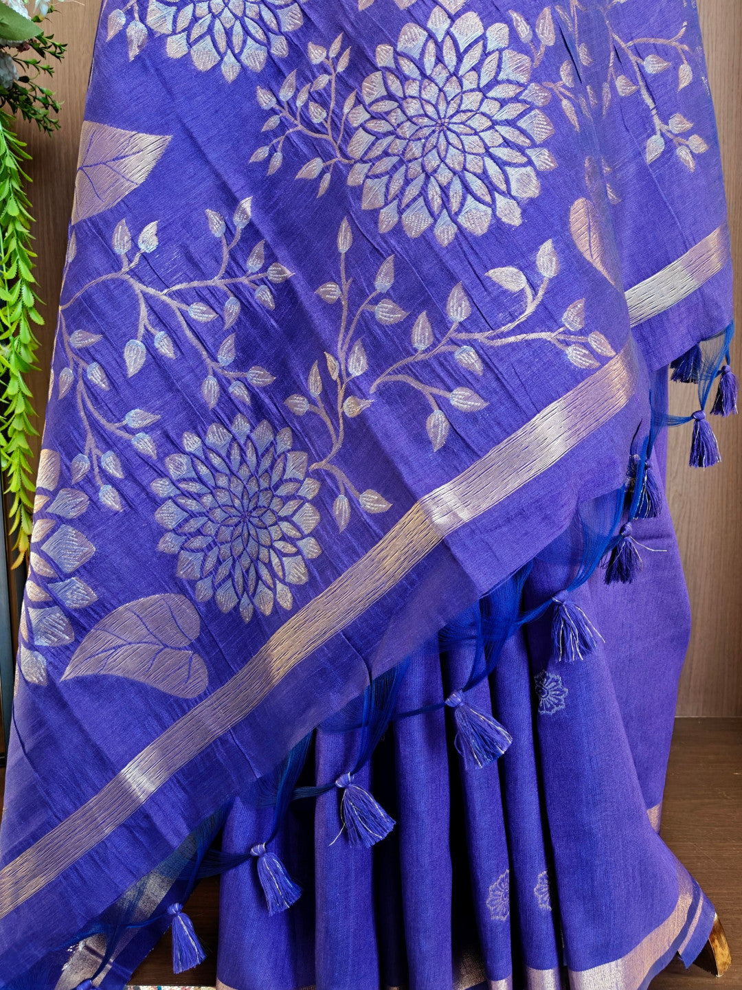 Khadi raw silk saree with floral pallu and zari weaving work