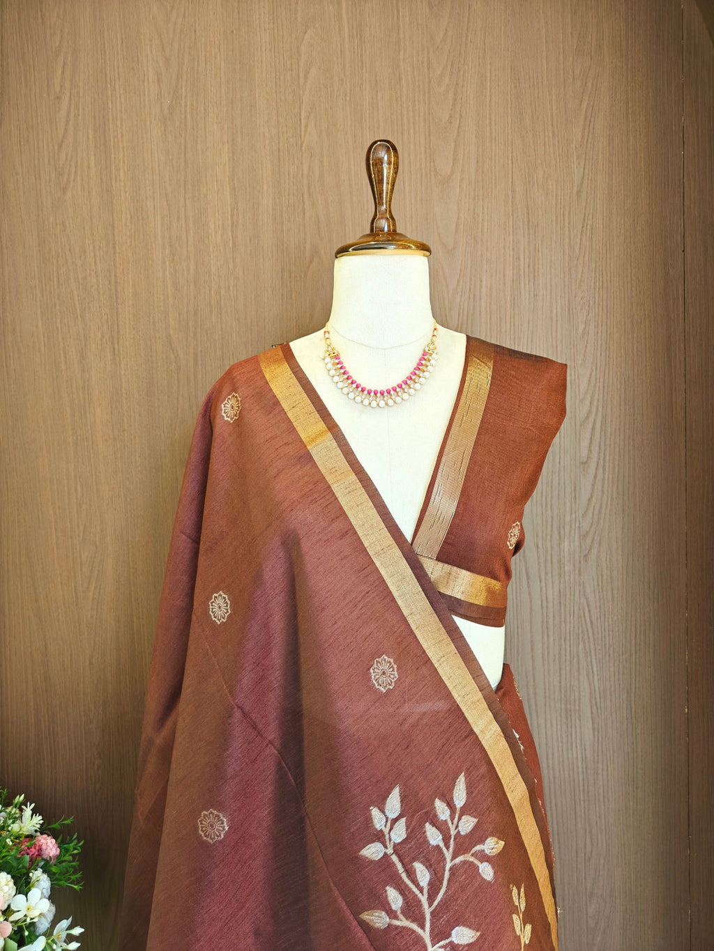 Khadi raw silk saree with floral pallu and zari weaving work