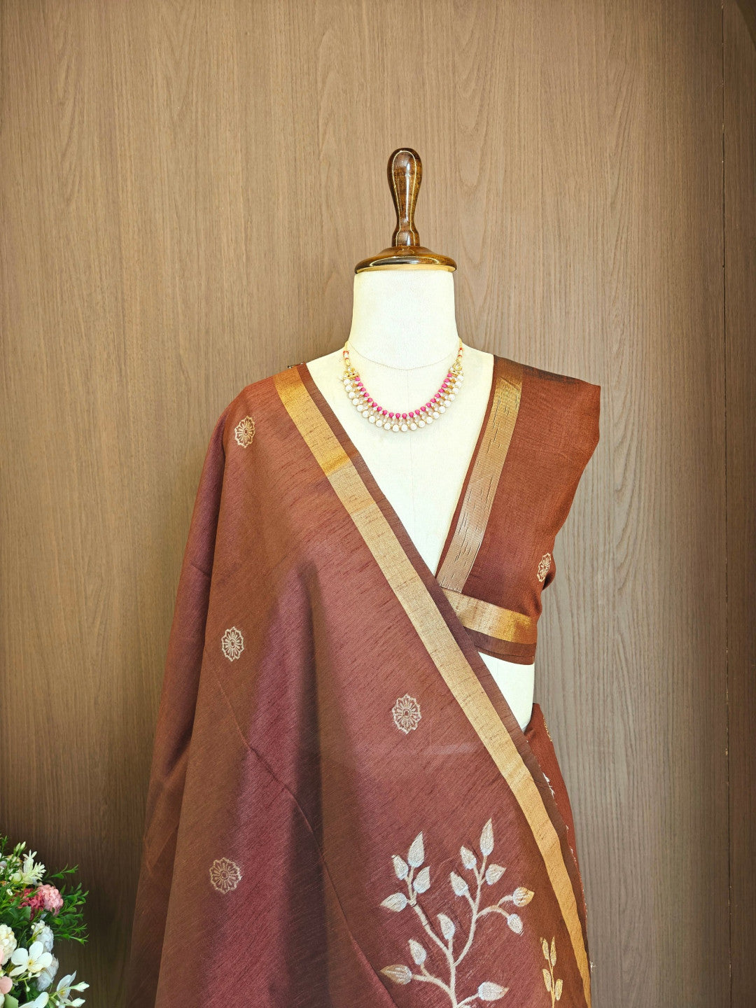 Khadi raw silk saree with floral pallu and zari weaving work