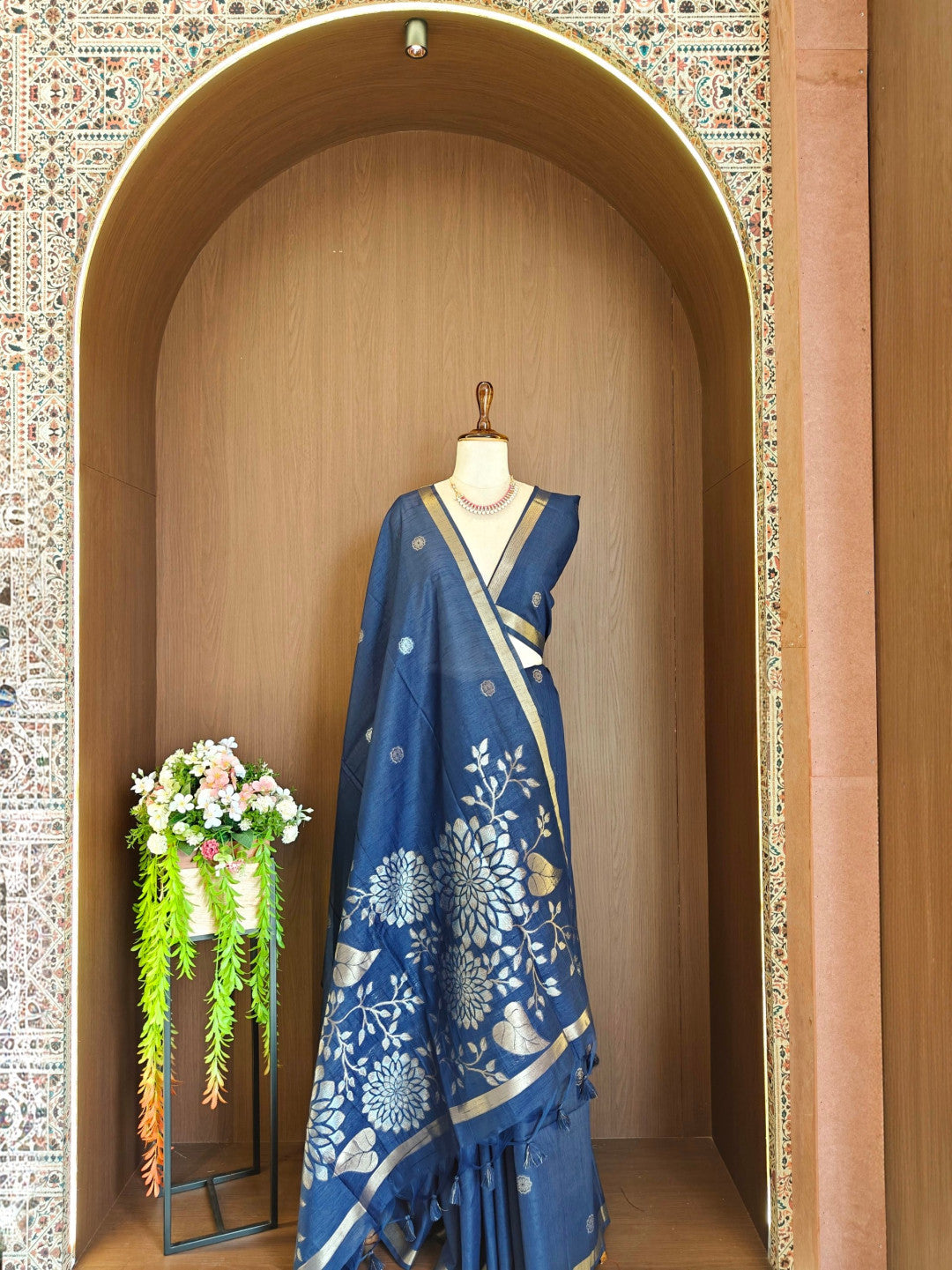 Khadi raw silk saree with floral pallu and zari weaving work
