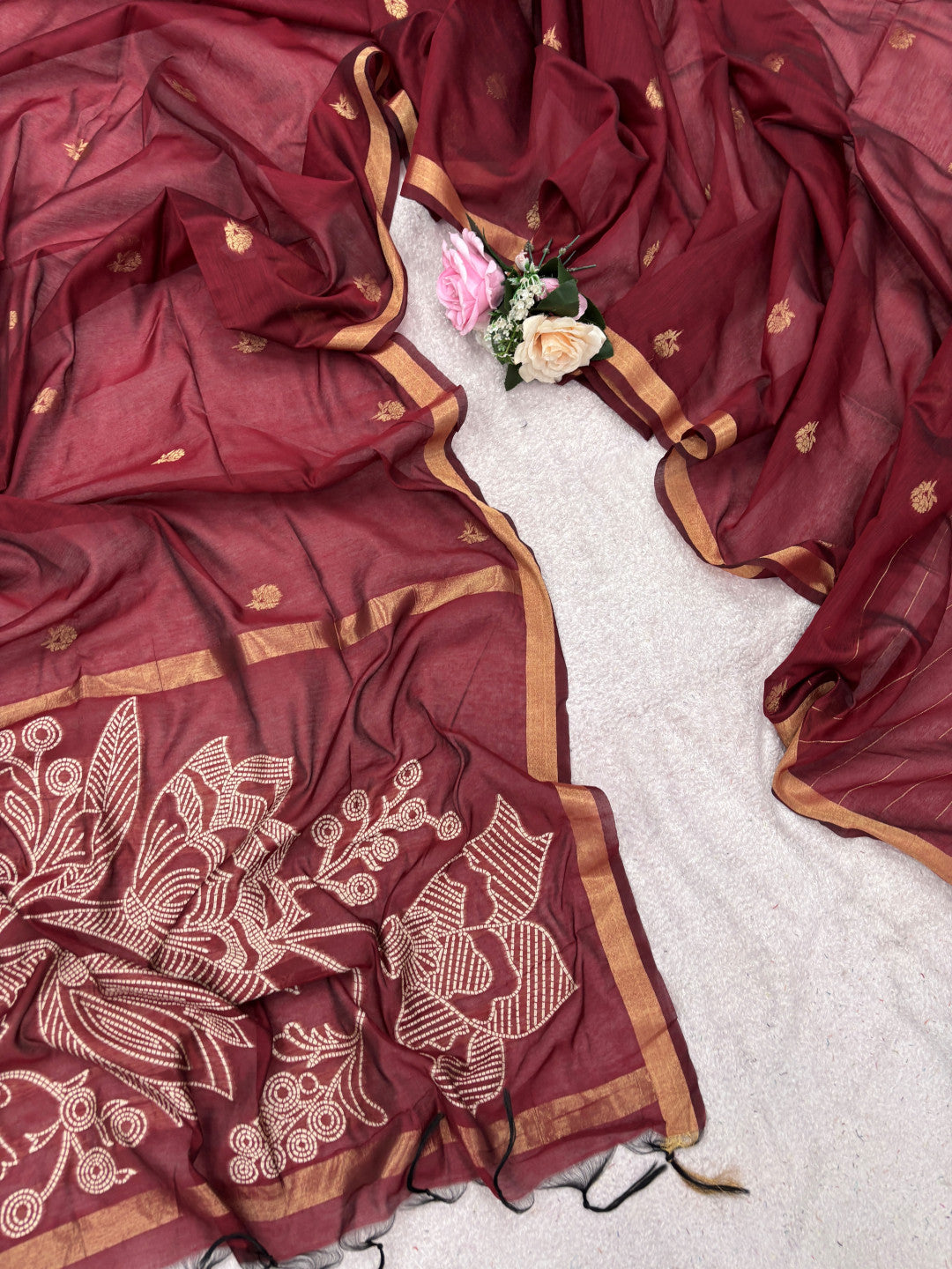 Pure muga cotton saree with floral thread weaving work