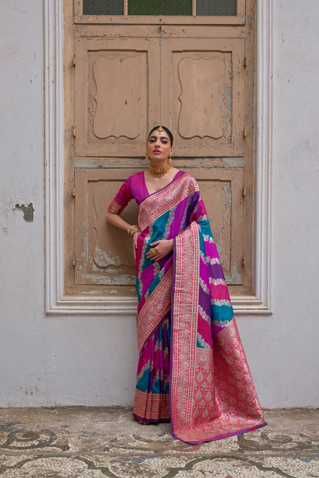 Multi traditional banarasi silk handloom saree with zari weaving work