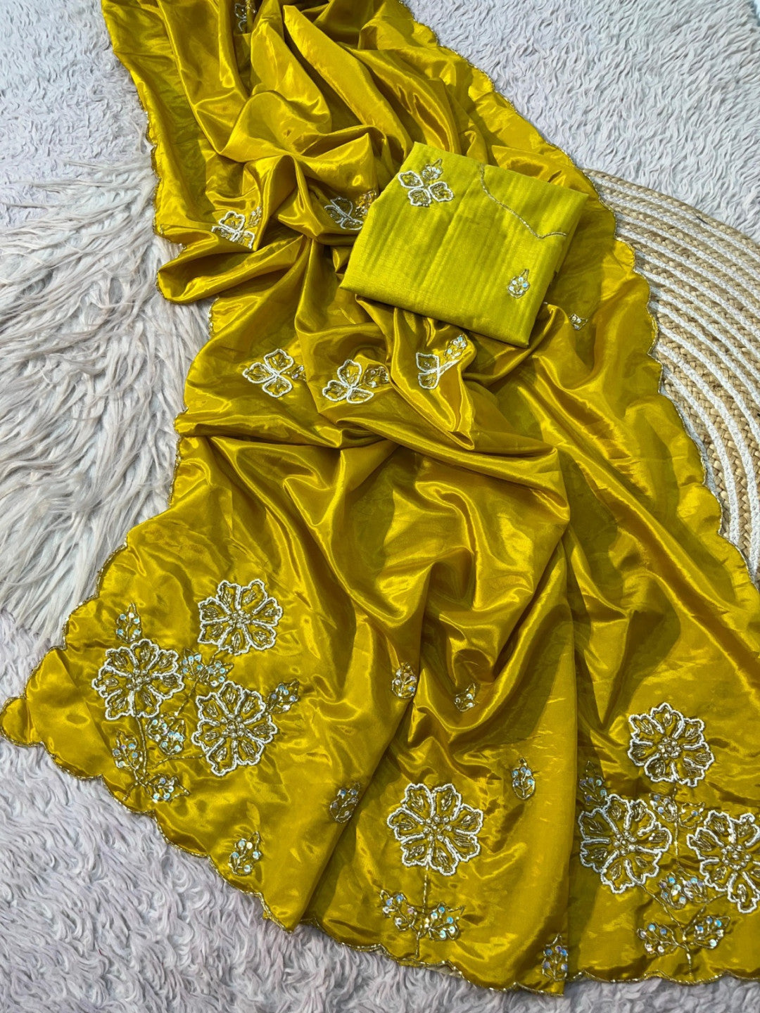 Soft shine HO silk saree with heavy hand work pallu