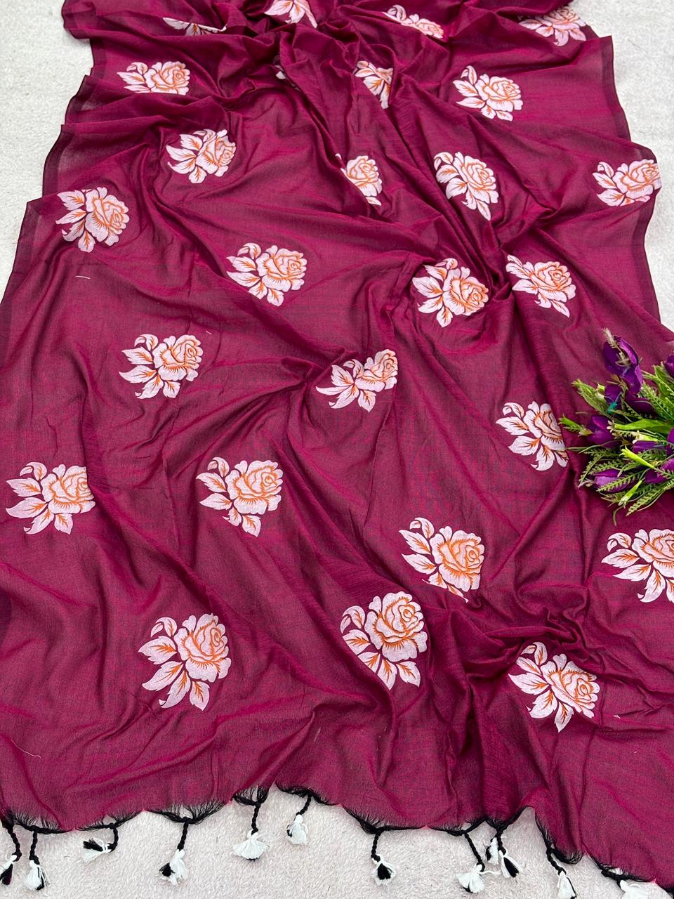 Khadi cotton saree with hand painted flower work