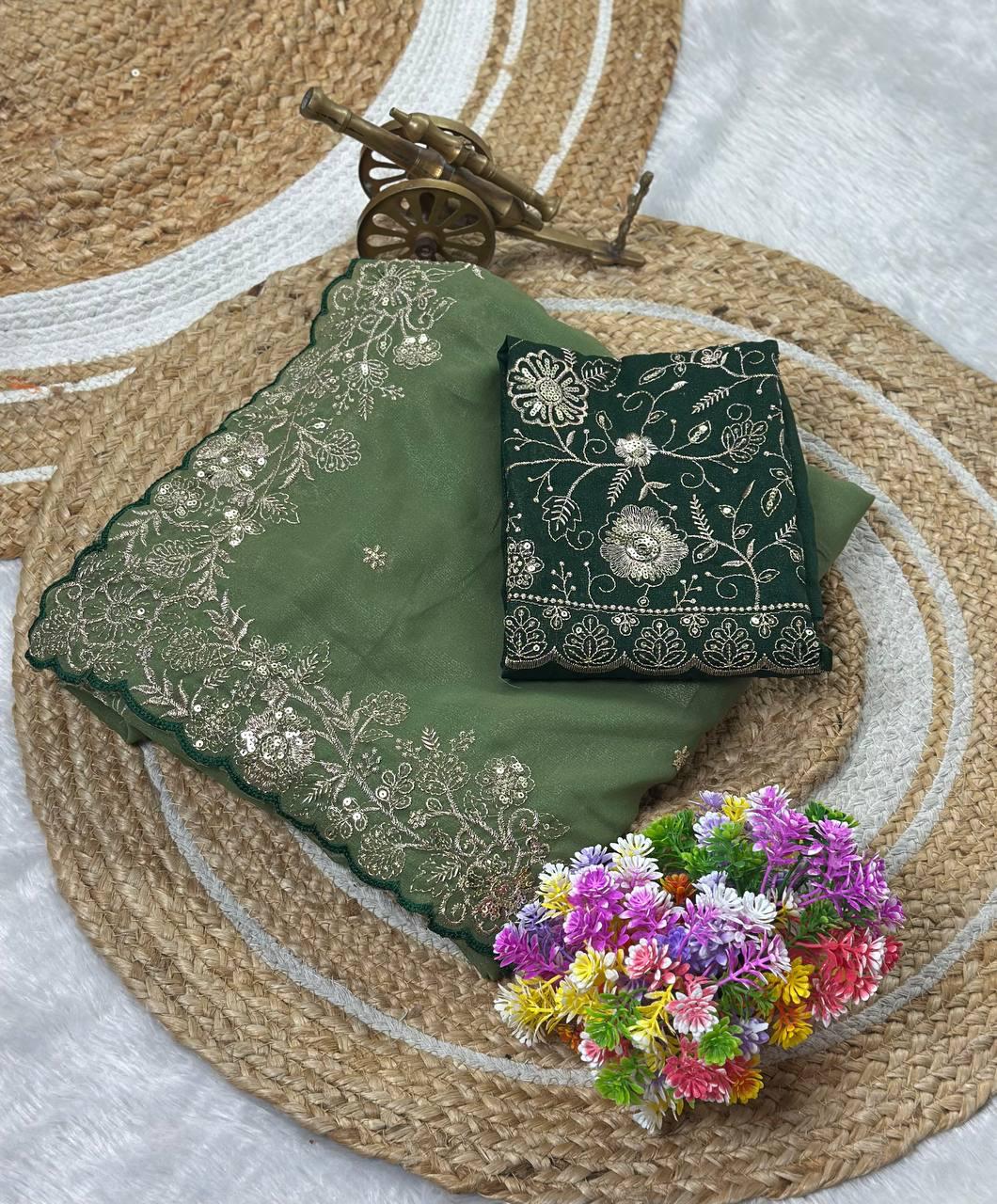 Heavy star georgette silk saree with zari weaving and thread embroidered work