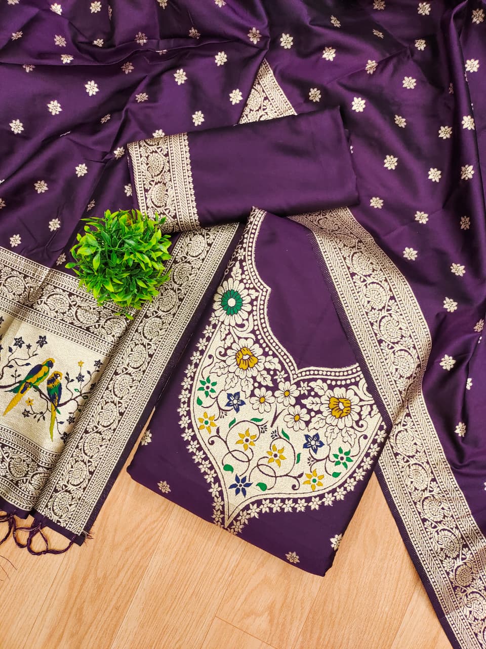 Unstitched zari weaving paithani silk salwar suit with dupatta & bottom