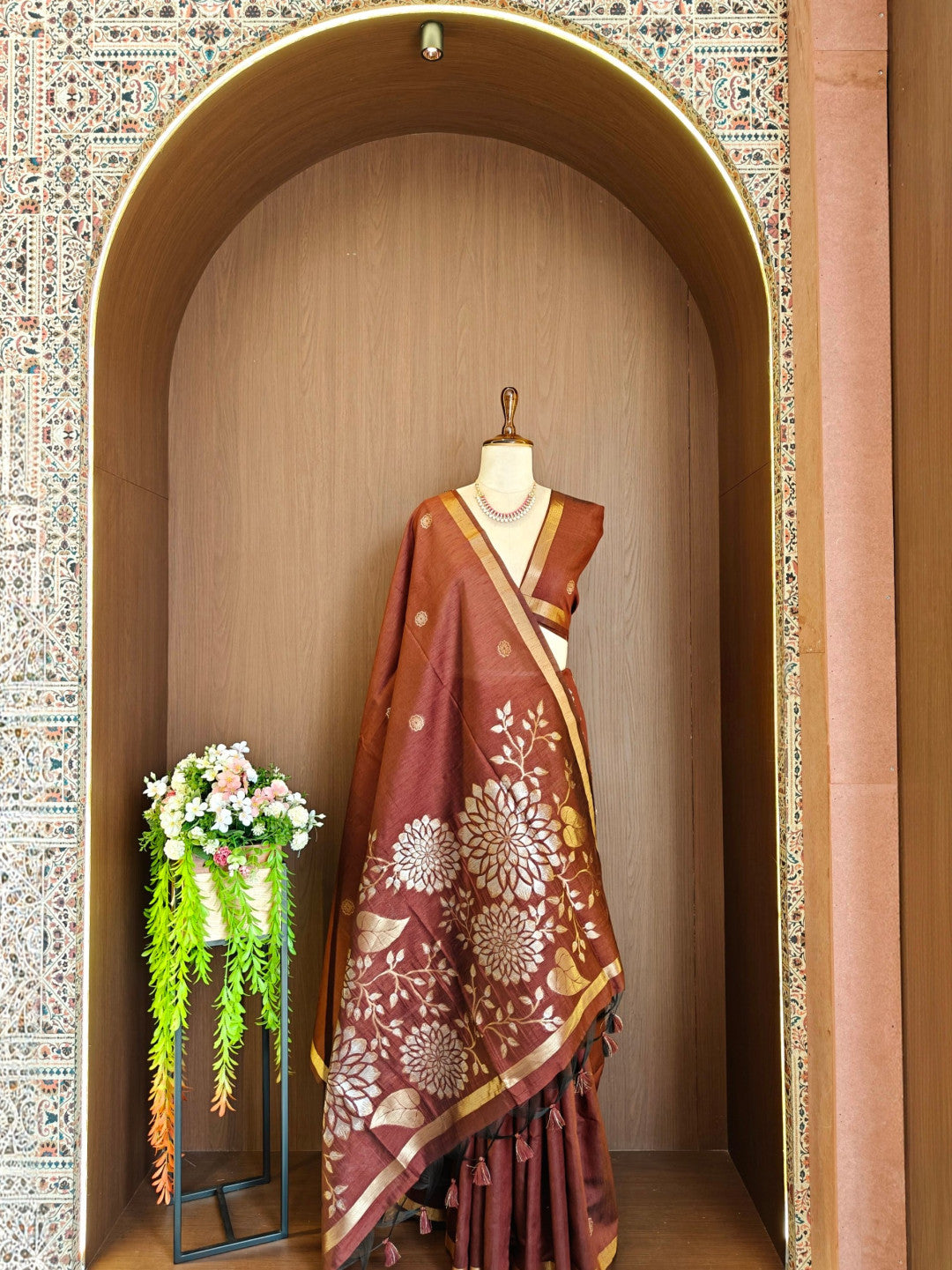 Khadi raw silk saree with floral pallu and zari weaving work