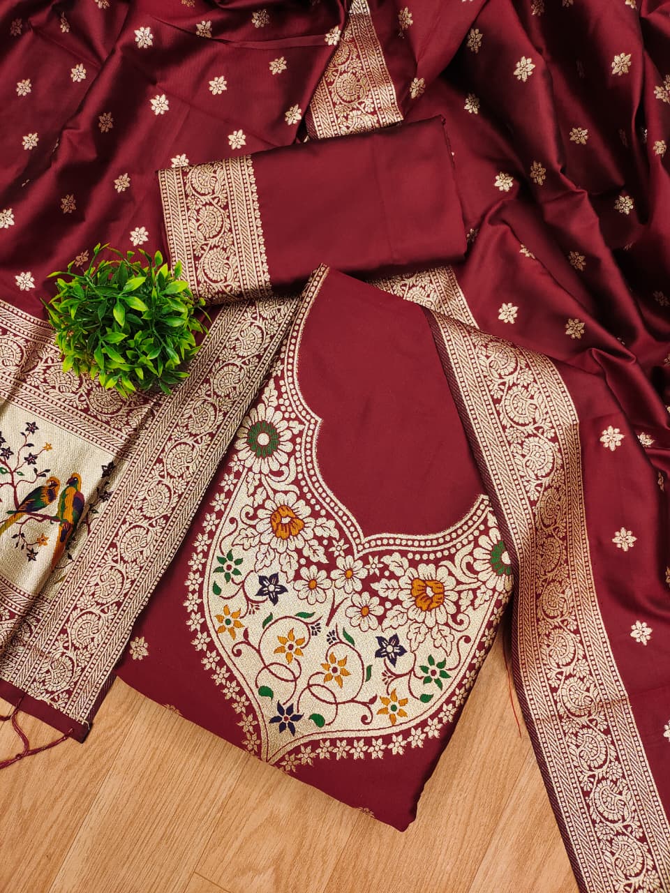 Unstitched zari weaving paithani silk salwar suit with dupatta & bottom