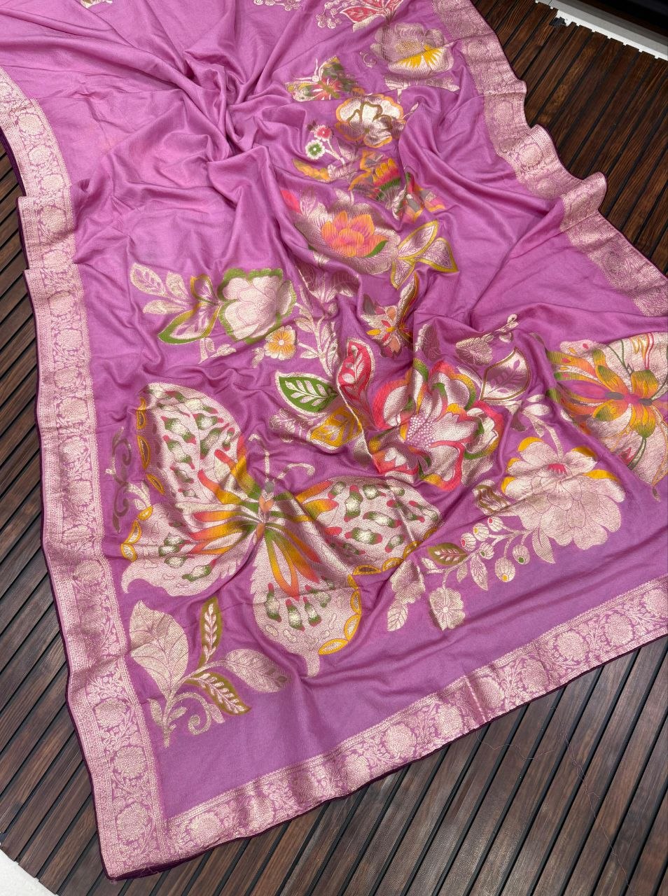 khaddi georgette banarasi saree with zari weaving work