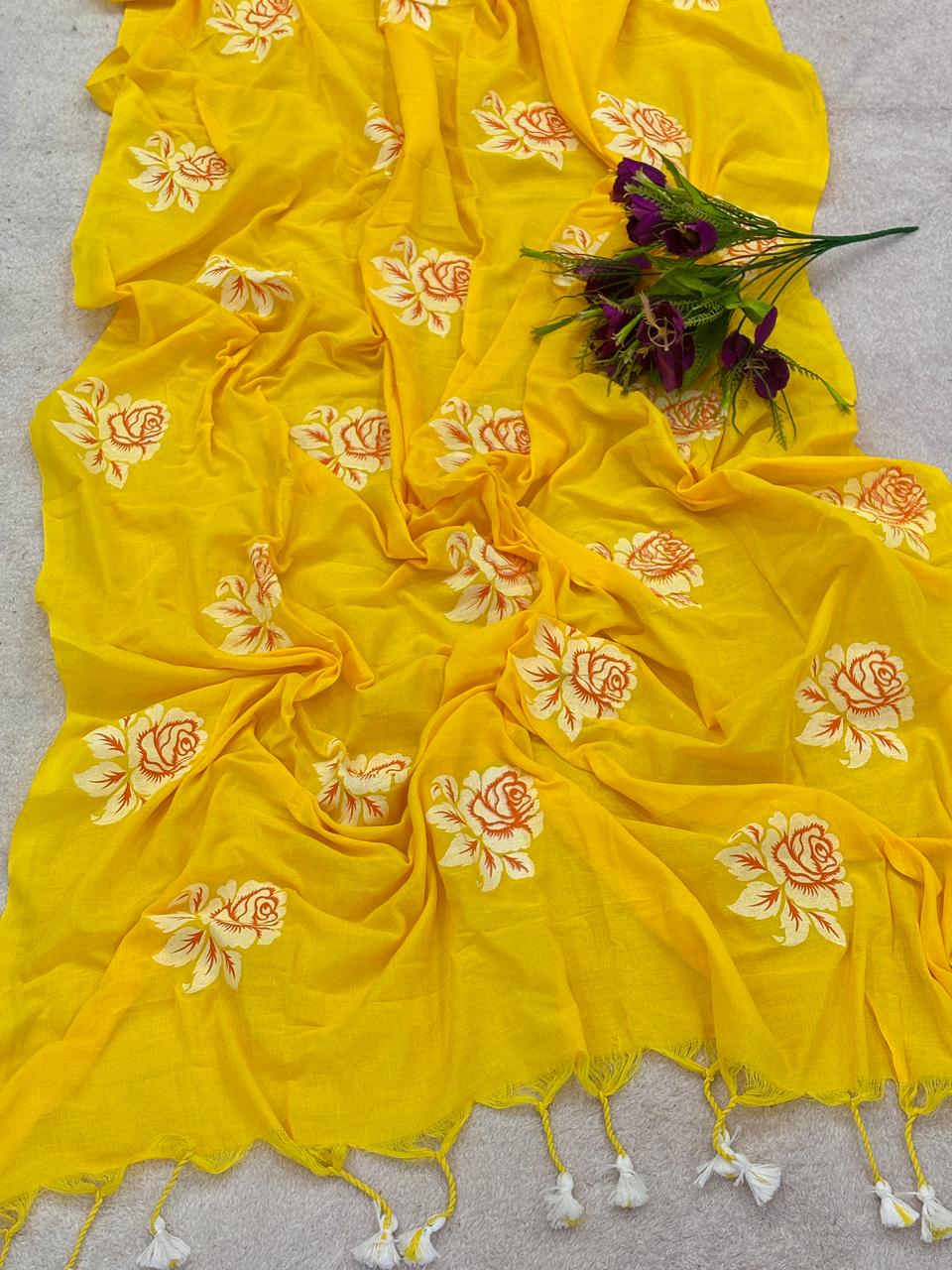 Khadi cotton saree with hand painted flower work