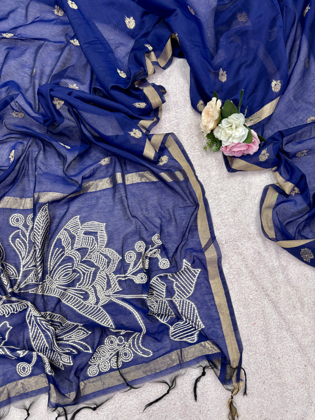 Pure muga cotton saree with floral thread weaving work