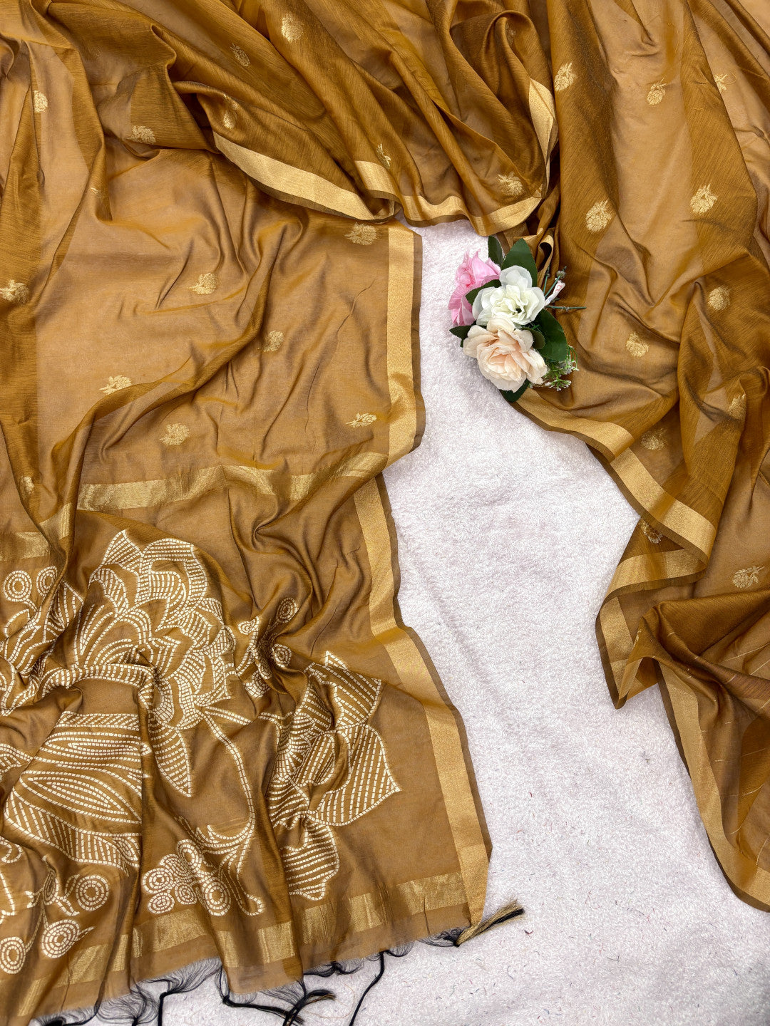 Pure muga cotton saree with floral thread weaving work