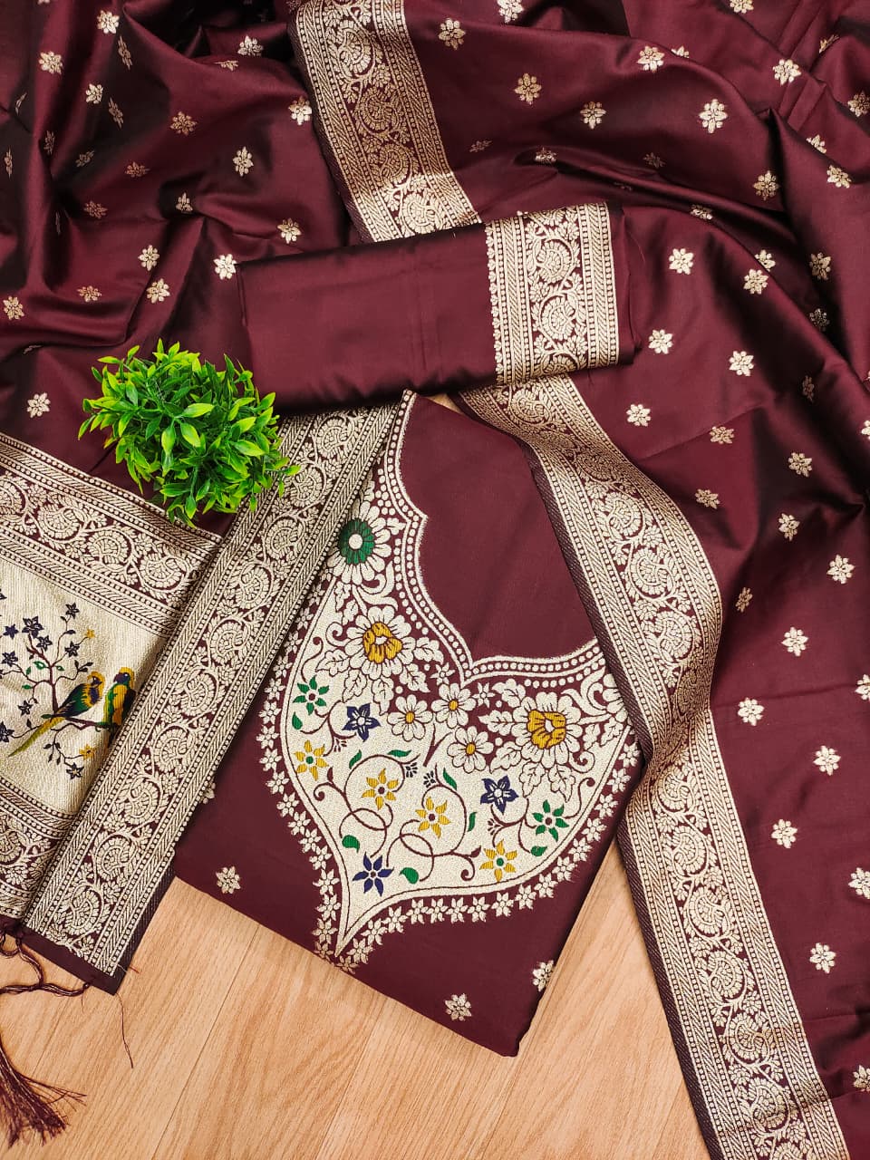 Unstitched zari weaving paithani silk salwar suit with dupatta & bottom