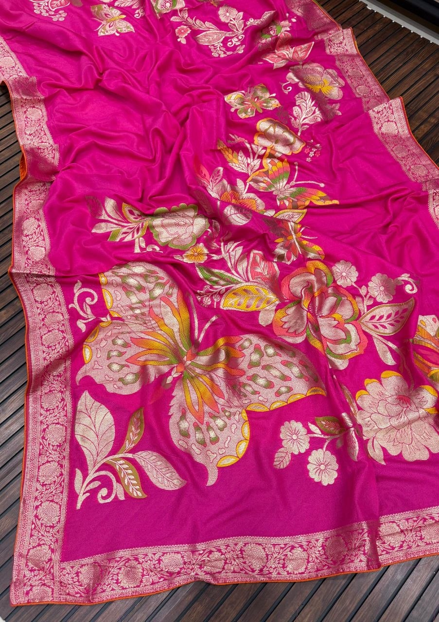 khaddi georgette banarasi saree with zari weaving work