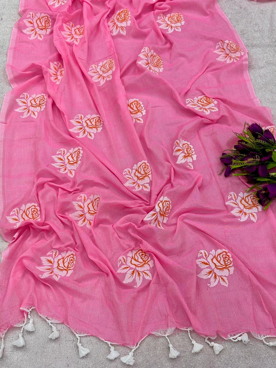 Khadi cotton saree with hand painted flower work