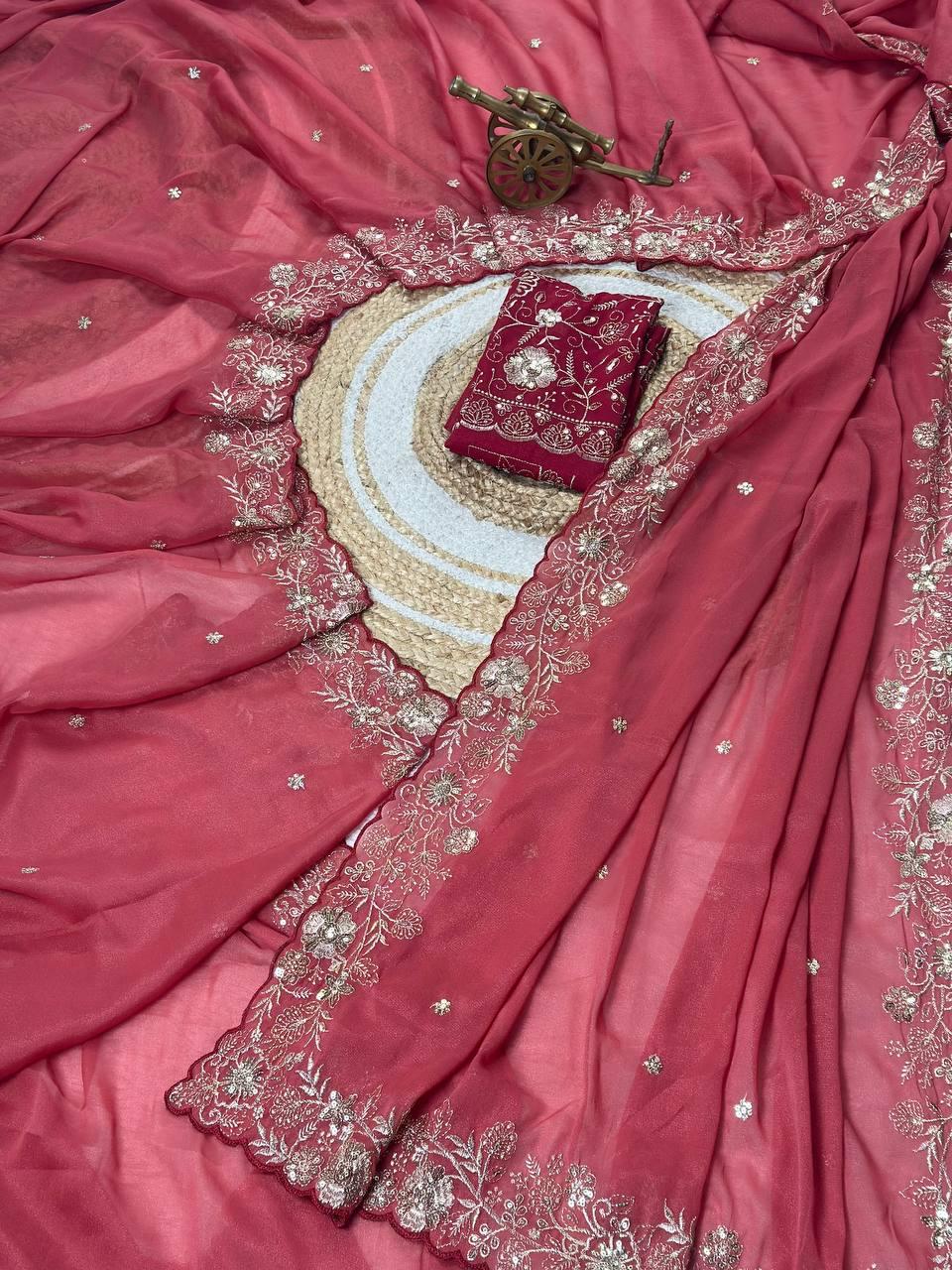 Heavy star georgette silk saree with zari weaving and thread embroidered work