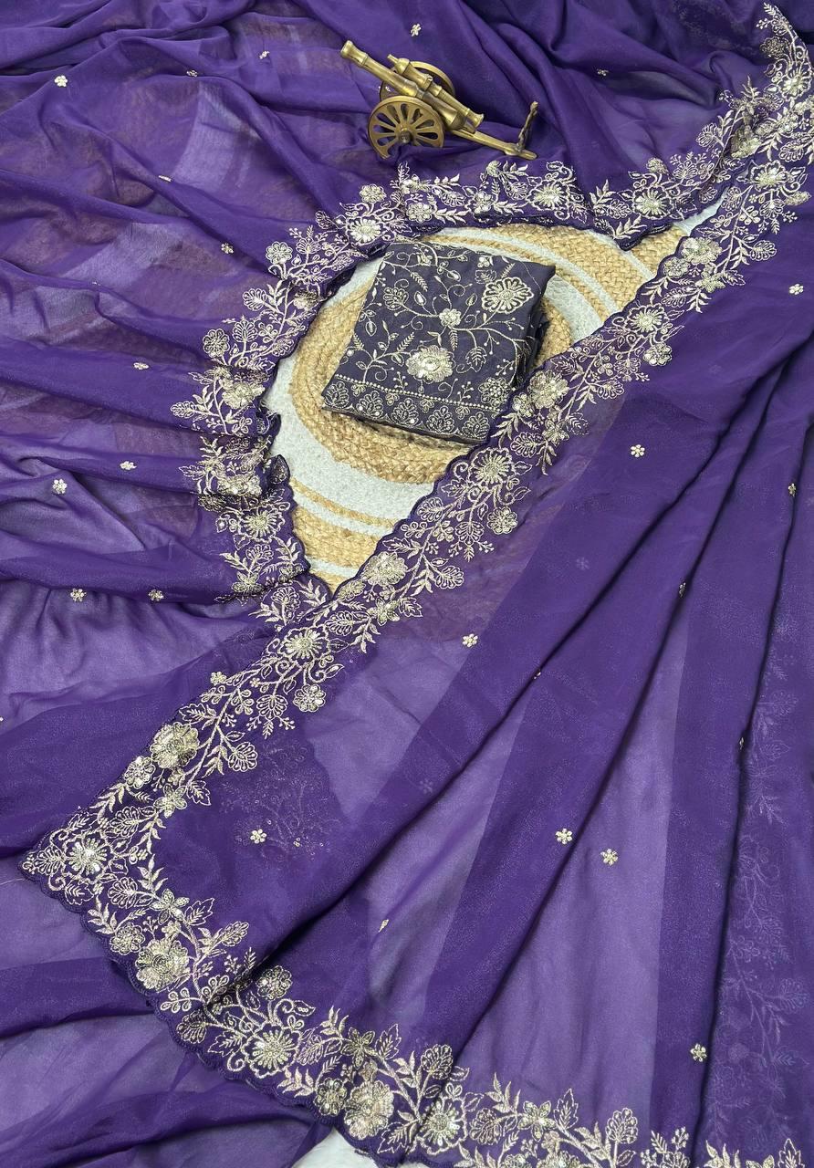 Heavy star georgette silk saree with zari weaving and thread embroidered work