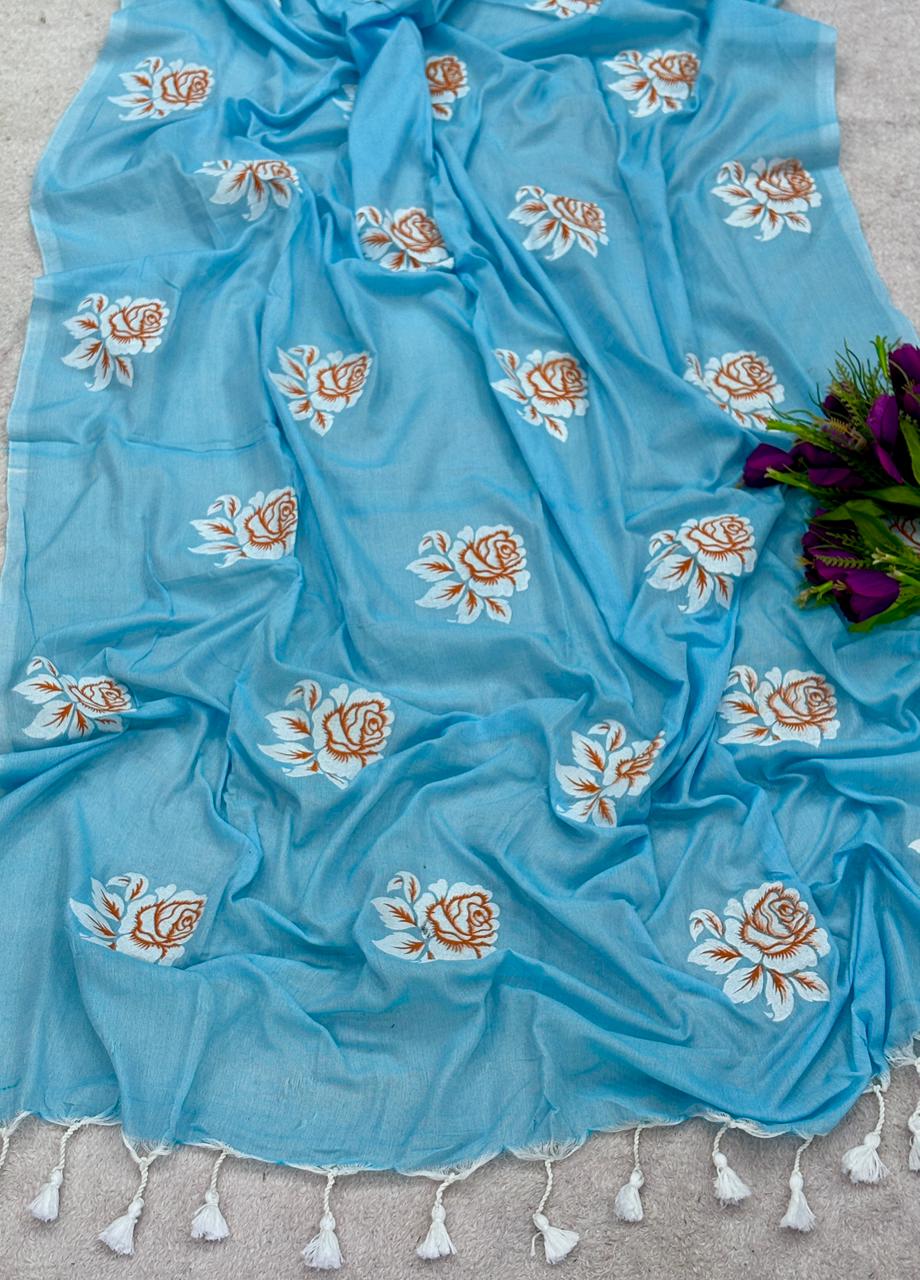 Khadi cotton saree with hand painted flower work