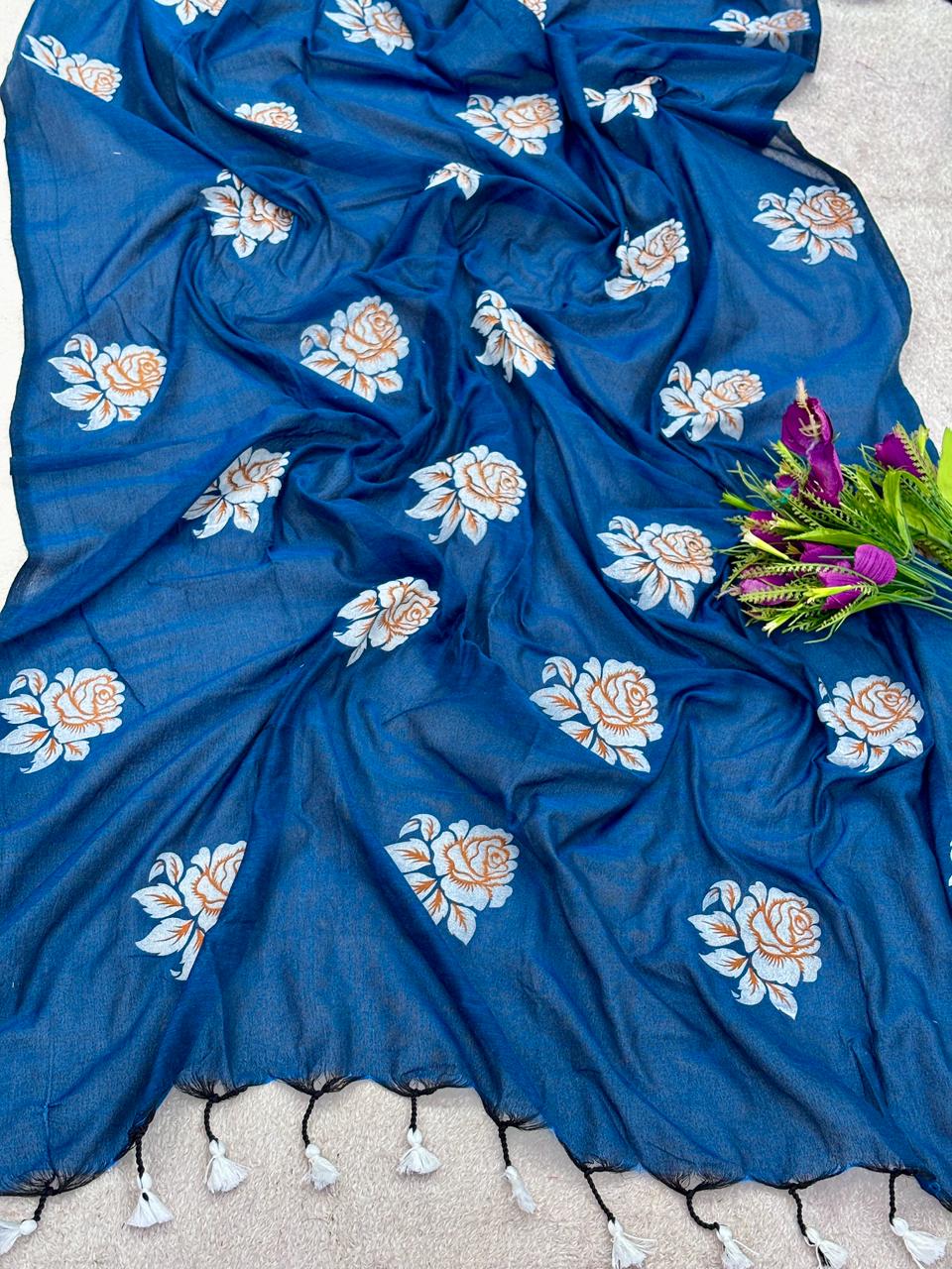 Khadi cotton saree with hand painted flower work