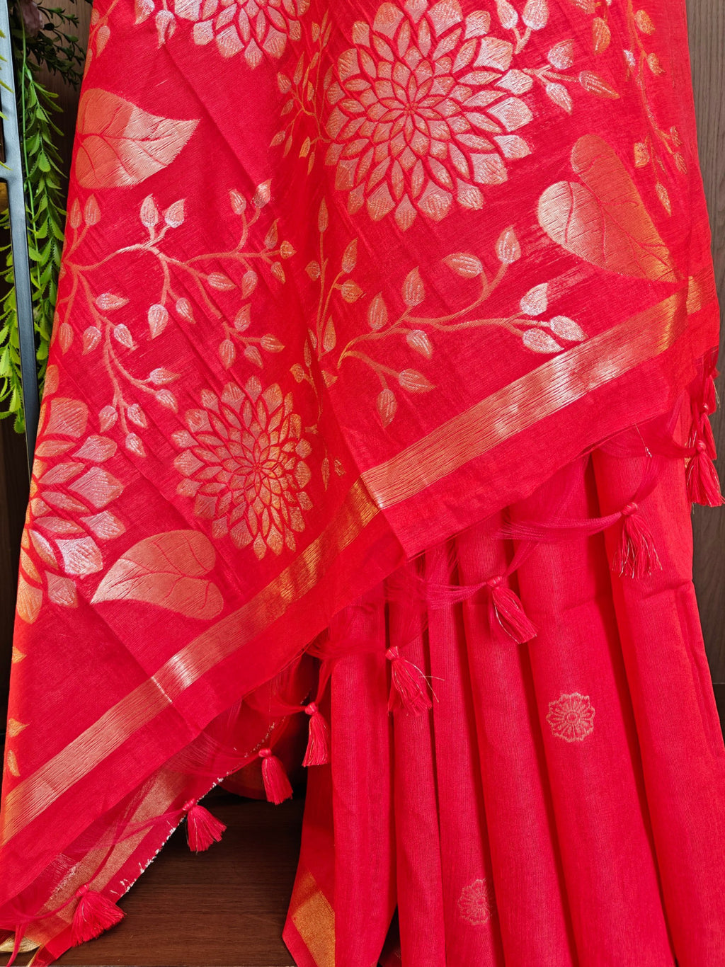 Khadi raw silk saree with floral pallu and zari weaving work