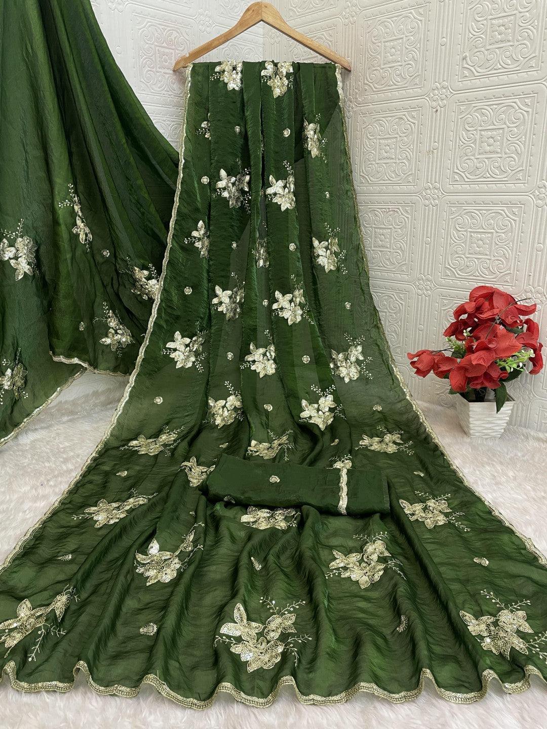 Soft fandy satin silk saree with embroidery and sequence work