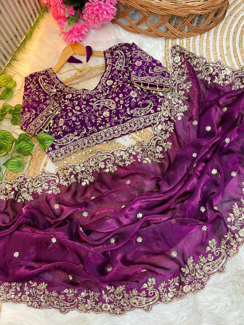 Fancy fandy satin silk saree with sequence work and Ready made blouse