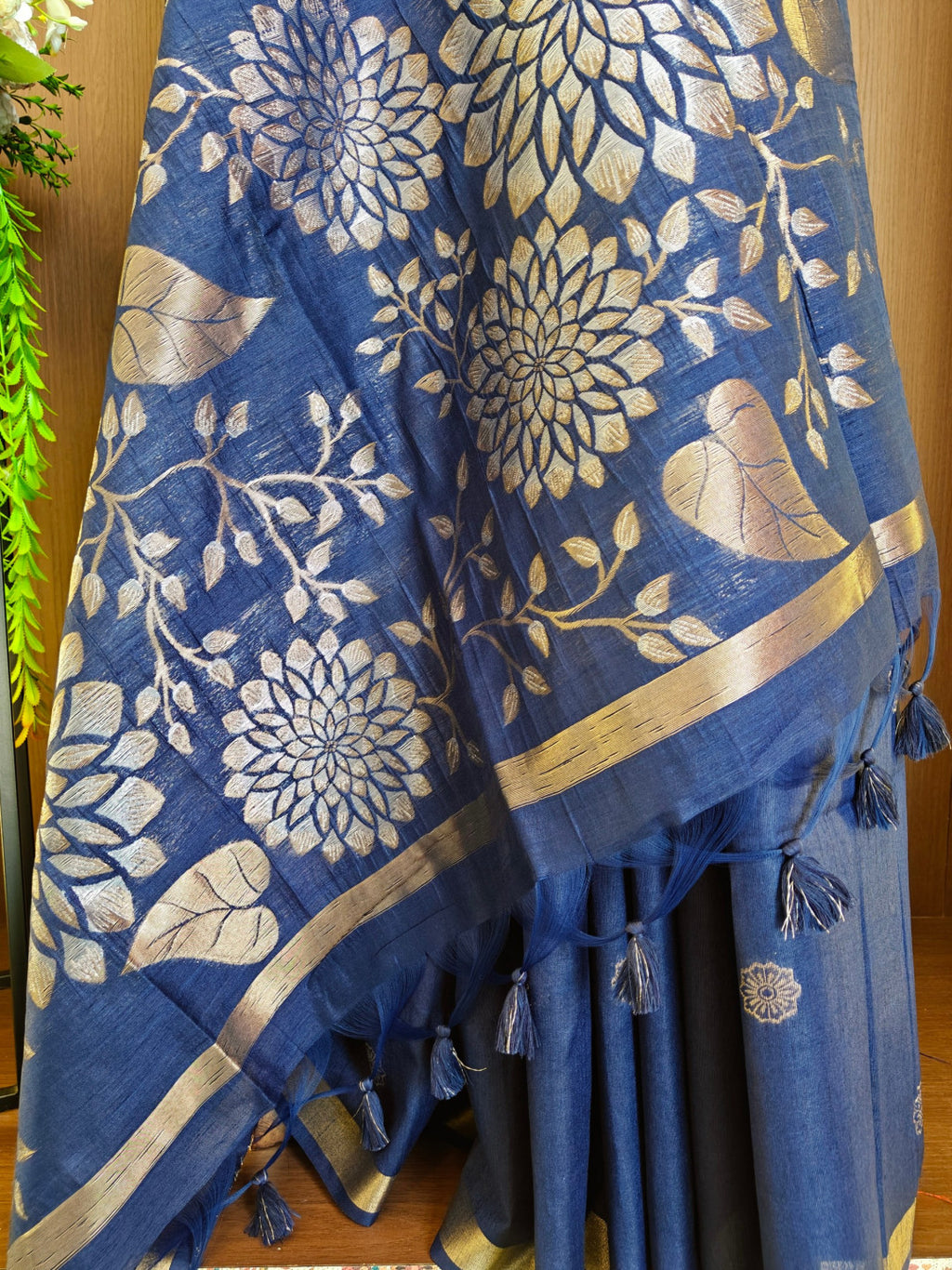 Khadi raw silk saree with floral pallu and zari weaving work