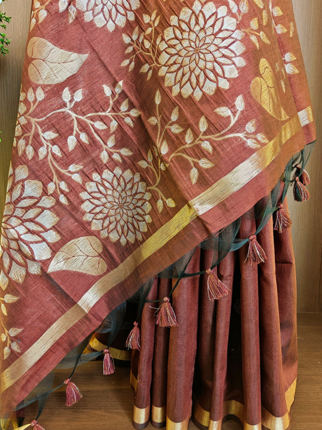 Khadi raw silk saree with floral pallu and zari weaving work