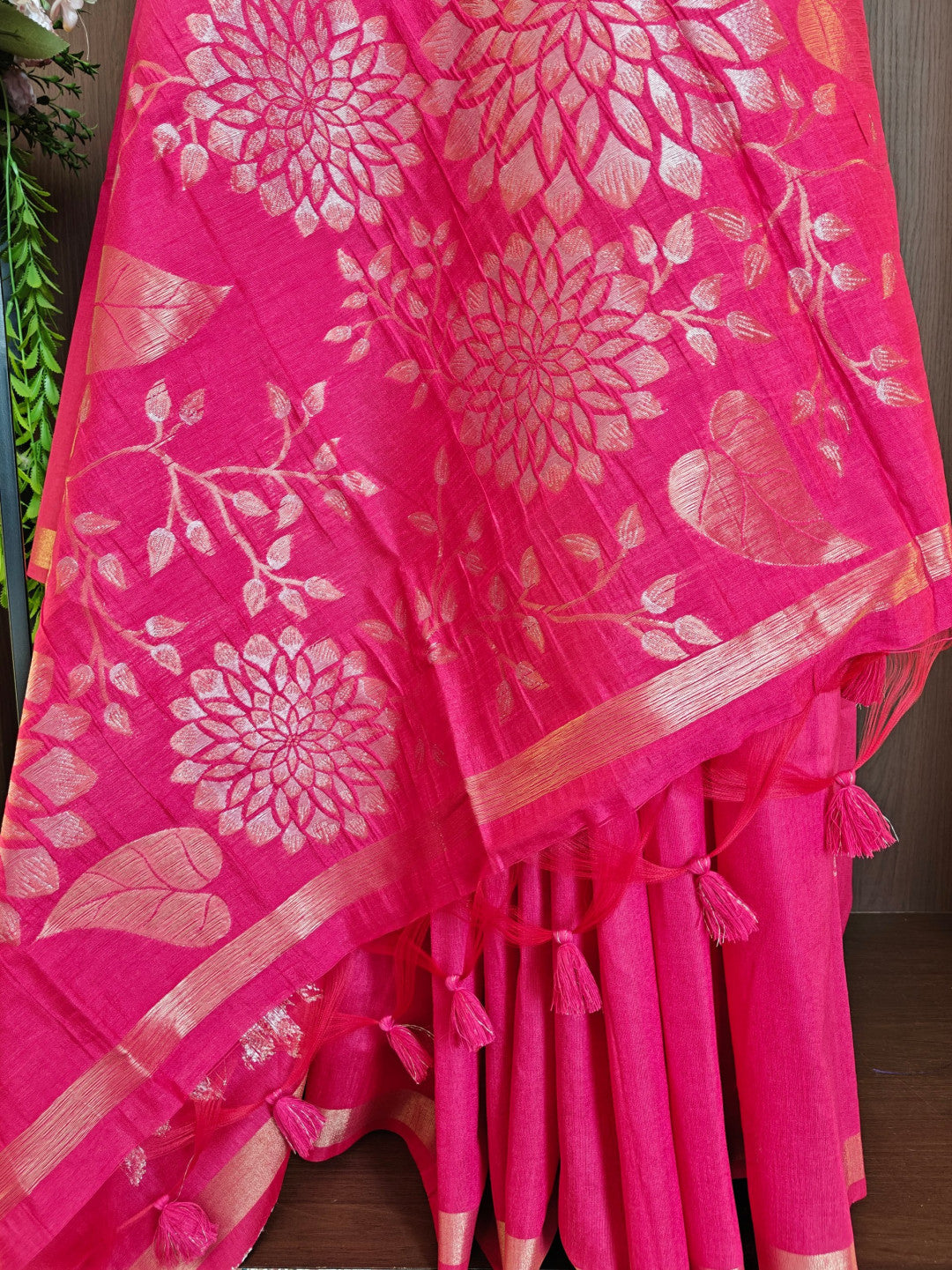 Khadi raw silk saree with floral pallu and zari weaving work