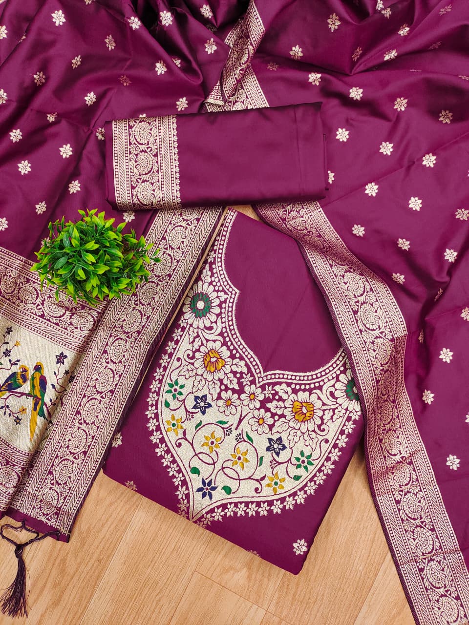 Unstitched zari weaving paithani silk salwar suit with dupatta & bottom