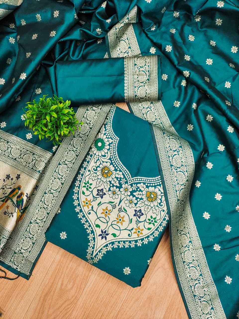 Unstitched zari weaving paithani silk salwar suit with dupatta & bottom