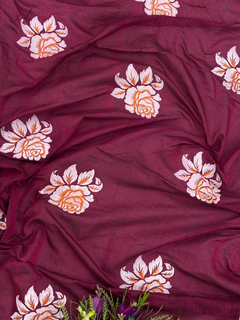 Khadi cotton saree with hand painted flower work
