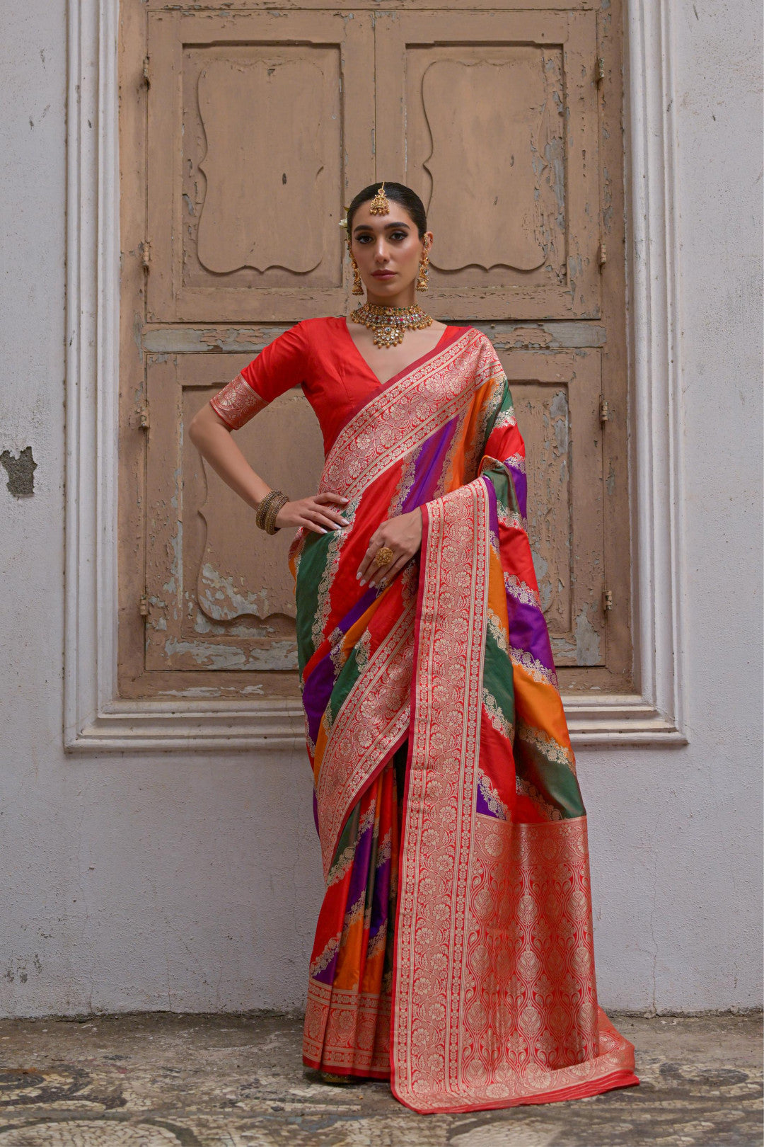 Multi traditional banarasi silk handloom saree with zari weaving work