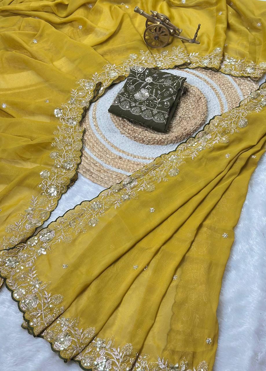 Heavy star georgette silk saree with zari weaving and thread embroidered work